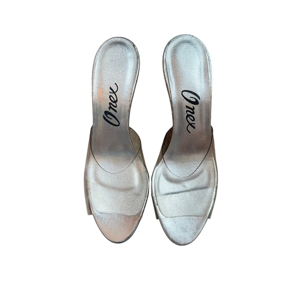 Onex Barcelona Silver Clear Lucite Heel Mules Size 8M Vintage Y2K